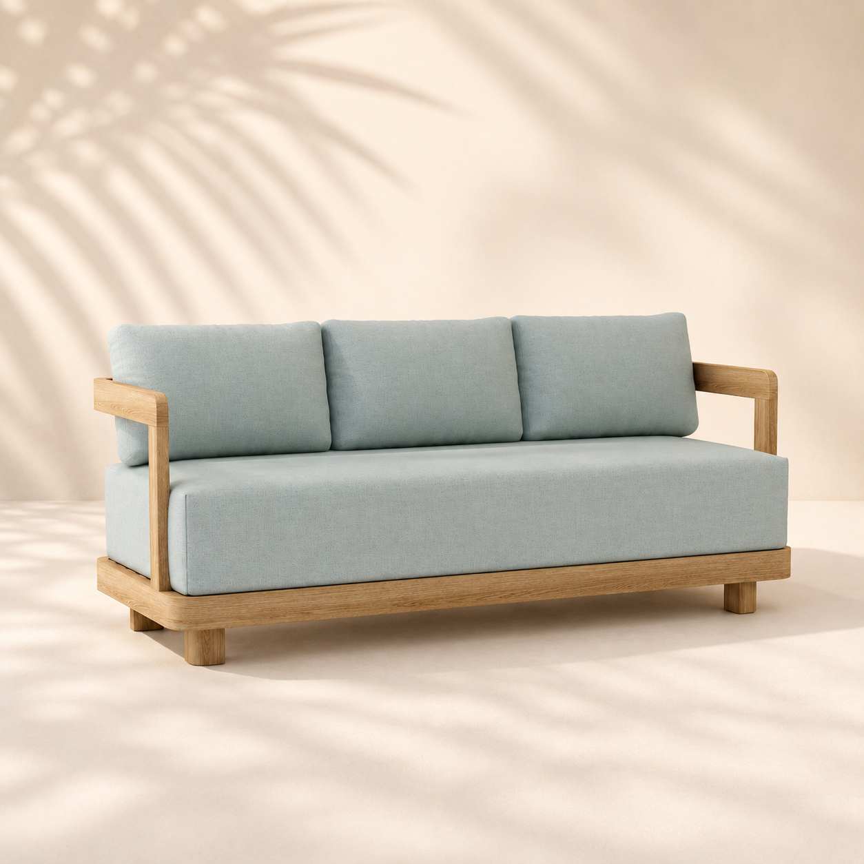 Light blue sofa with wooden frame on a beige background