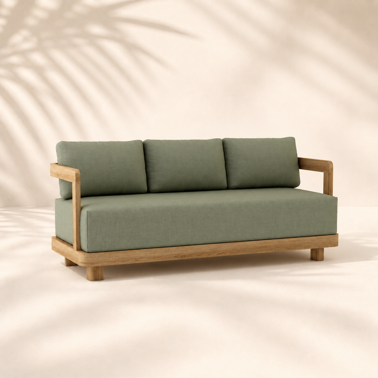 Green sofa with wooden frame on a beige background