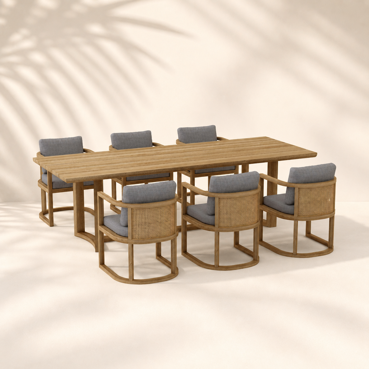 Wooden outdoor dining table with six matching chairs on a beige background