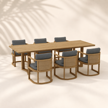 Wooden dining table with six matching chairs on a neutral background