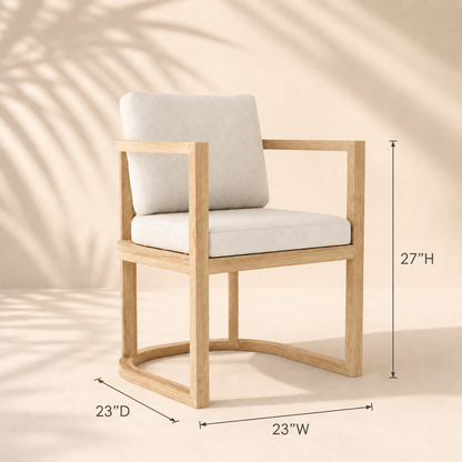Wooden chair with white cushion and dimensions on a beige background