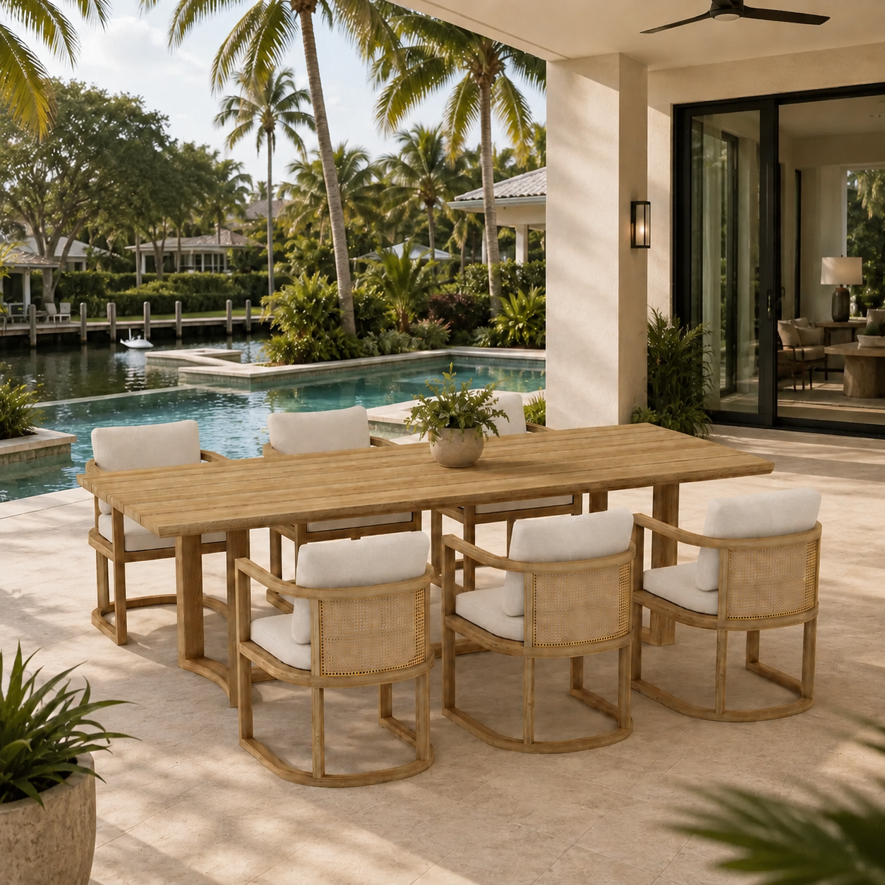 Outdoor dining area with wooden table and chairs by a poolside, featuring palm trees and a house in the background.