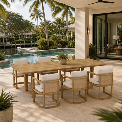 Outdoor dining area with wooden table and chairs by a poolside, featuring palm trees and a house in the background.