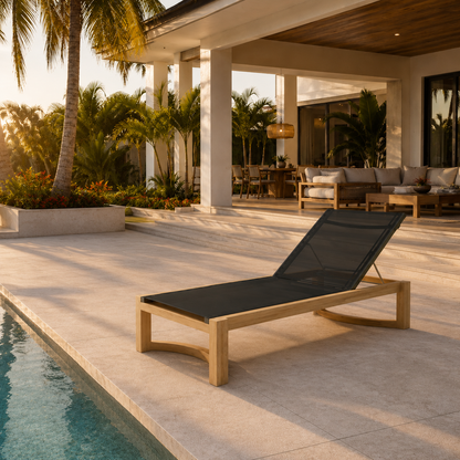 Black lounge chair by a pool with a modern house and palm trees in the background