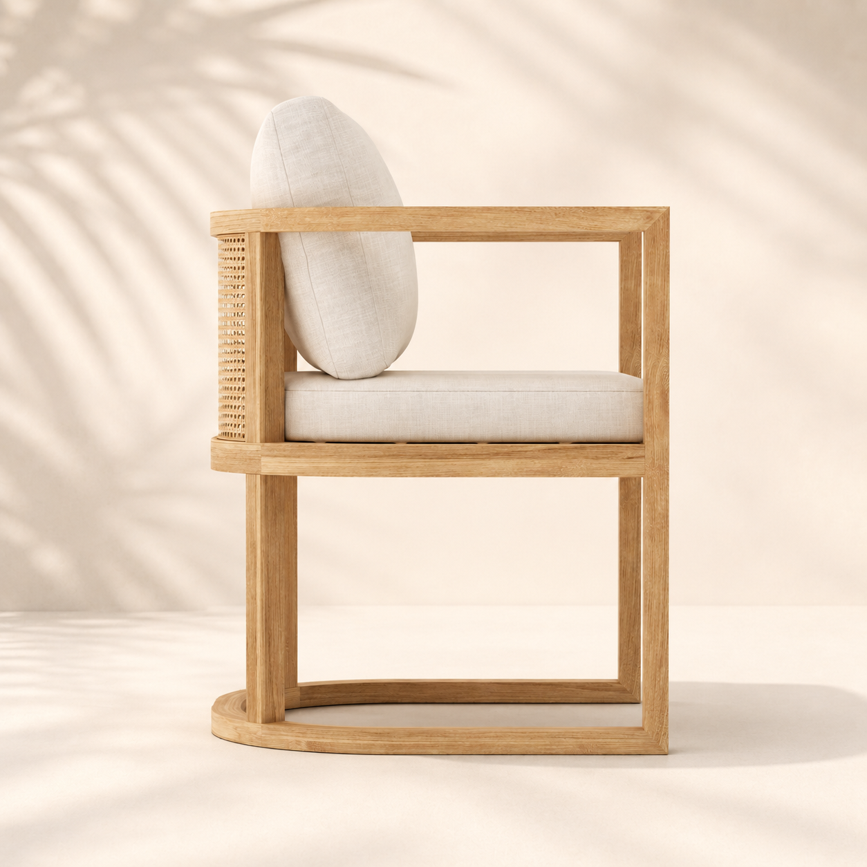 Wooden chair with white cushion against a beige background