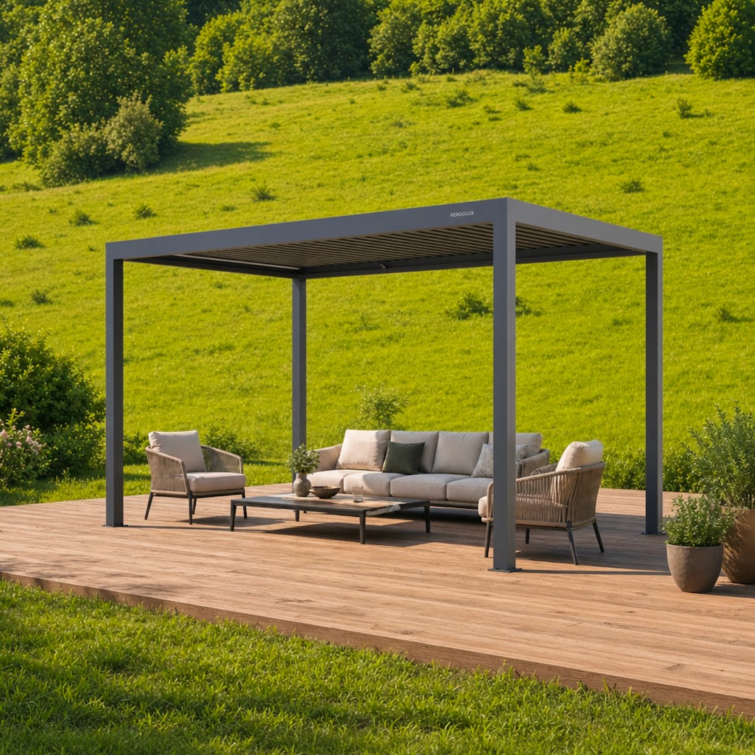 PERGOLUX Pergola 4 in a furnished outdoor setting