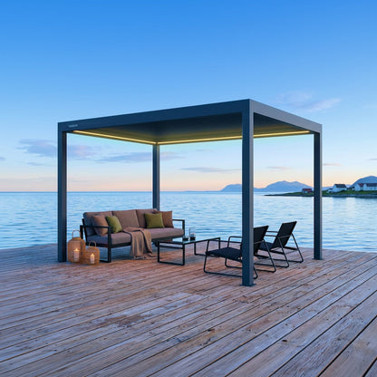 PERGOLUX Pergola 4 Pro in a furnished outdoor setting