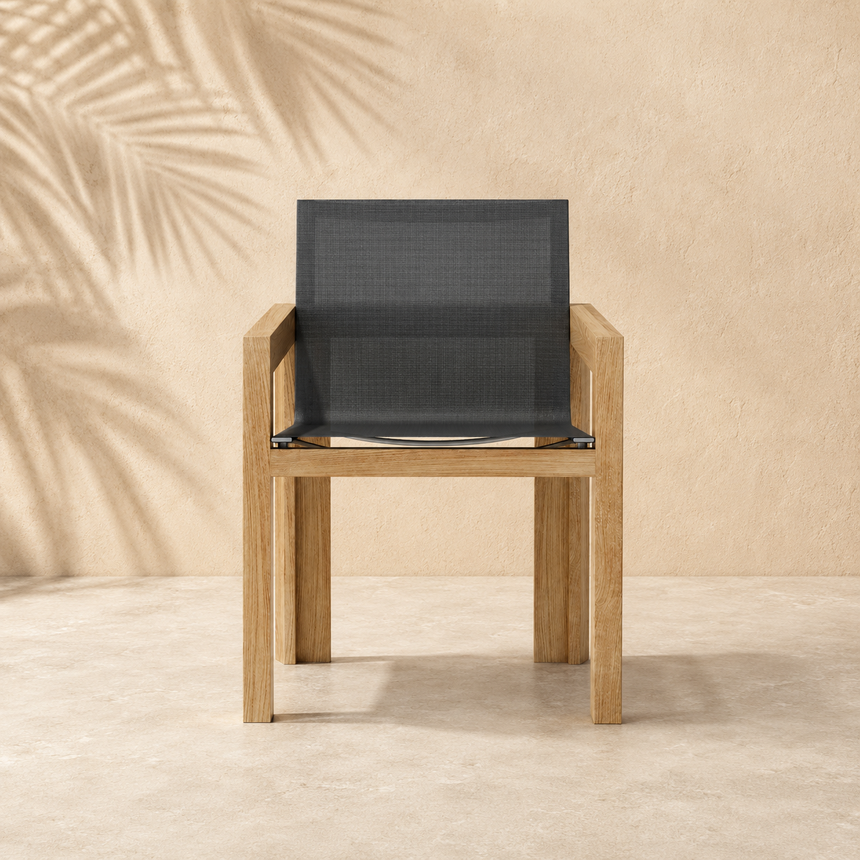 Wooden chair with black mesh backrest on a beige background
