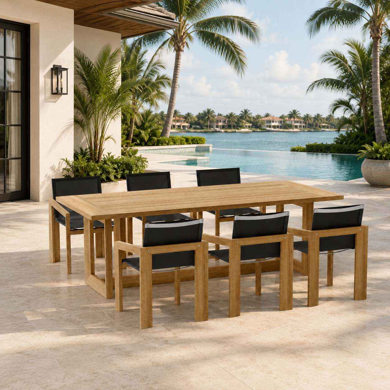 Outdoor dining set with wooden table and chairs on a patio by a pool with palm trees in the background.