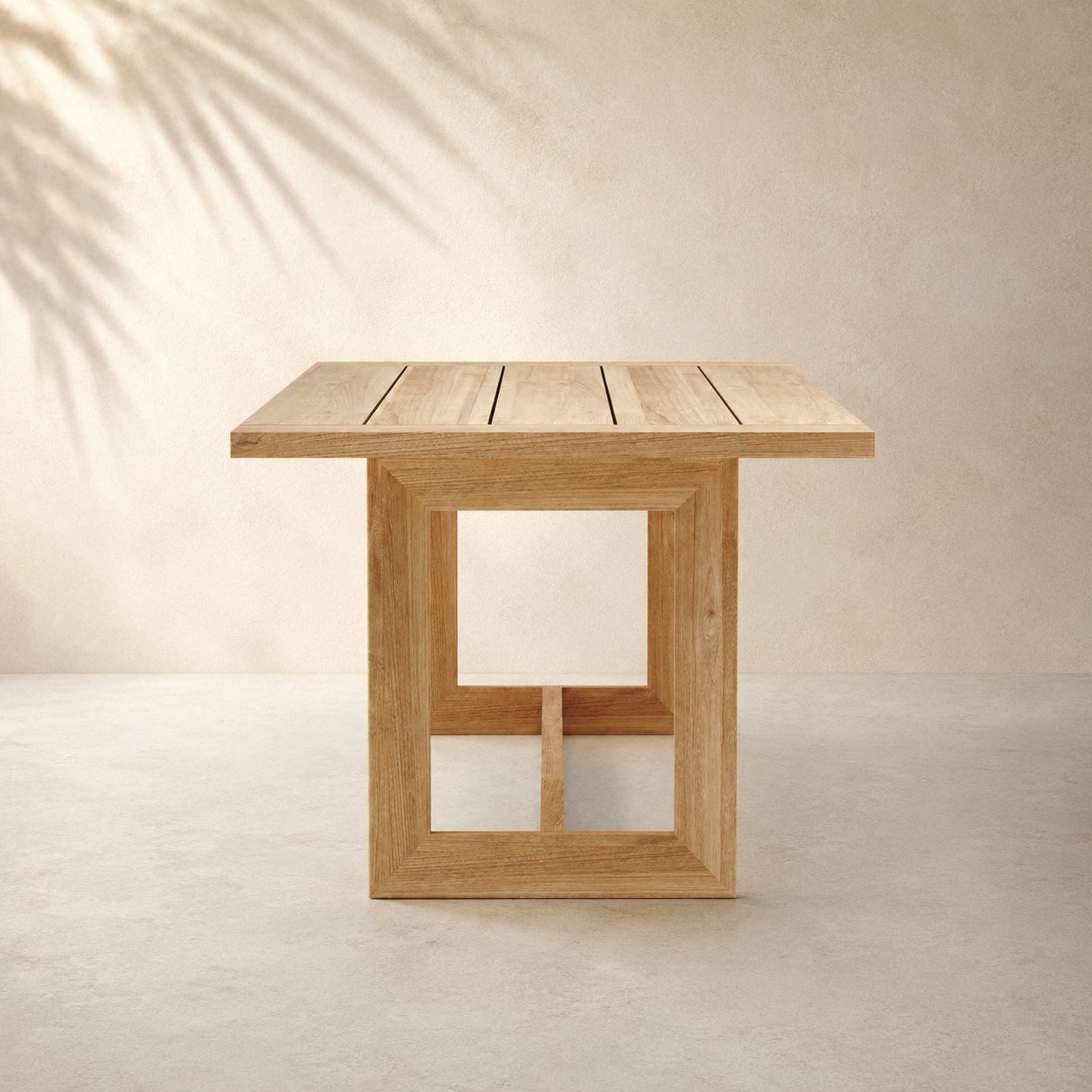 Wooden table with a geometric design on a beige background