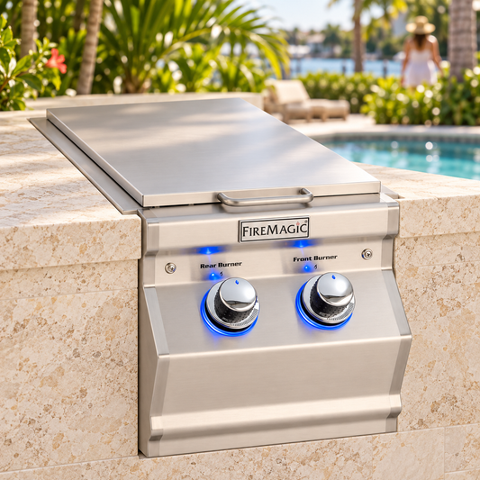 Fire Magic Aurora Double Side Burner in a staged outdoor kitchen