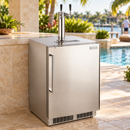 Fire Magic Outdoor Rated Kegerator in a staged outdoor kitchen
