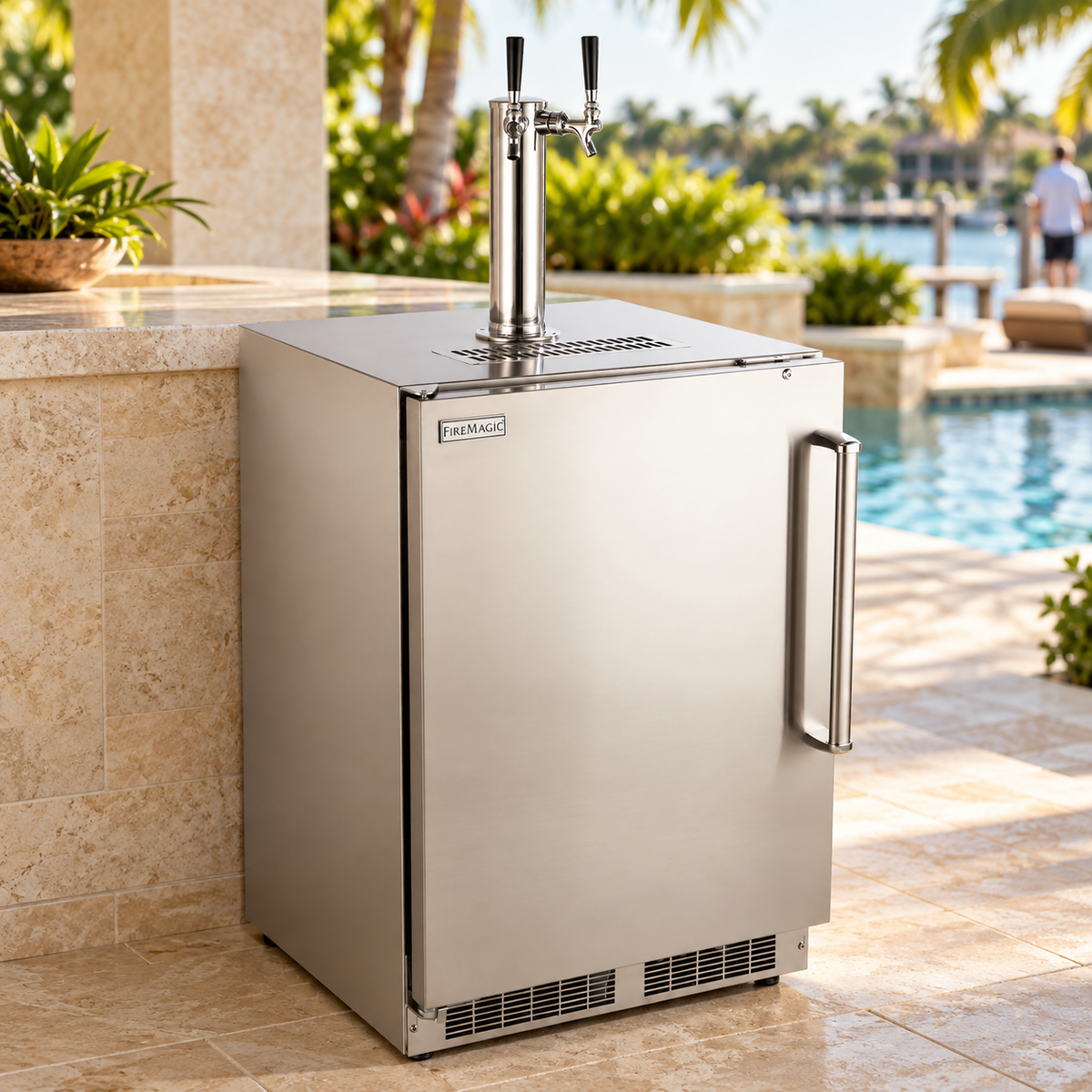 Fire Magic Outdoor Rated Kegerator in a staged outdoor kitchen