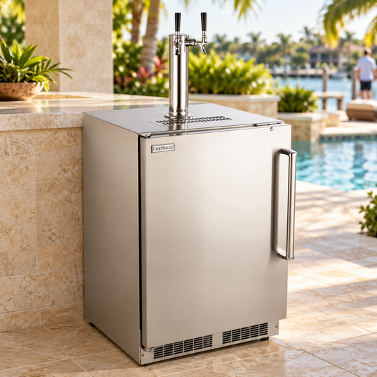 Fire Magic Outdoor Rated Kegerator in a staged outdoor kitchen