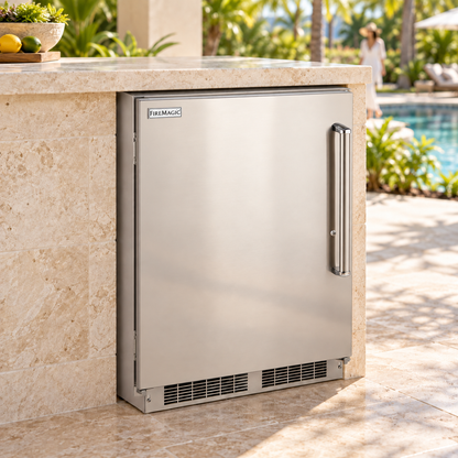 Fire Magic Outdoor Rated Refrigerator in a staged outdoor kitchen