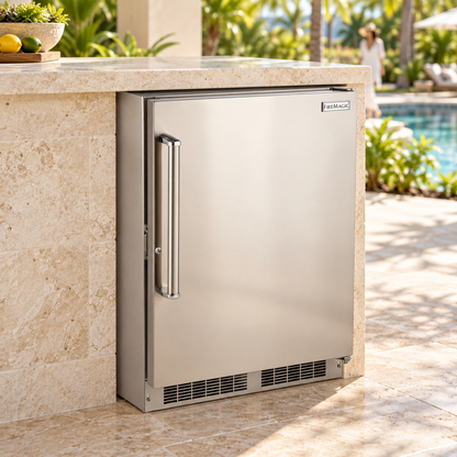 Fire Magic Outdoor Rated Refrigerator in a staged outdoor kitchen