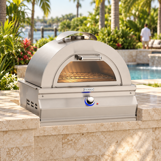 Fire Magic Aurora Built-in Pizza Oven in a staged outdoor kitchen