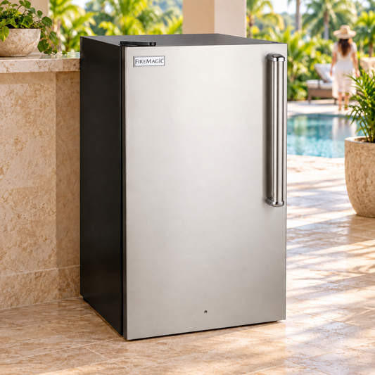 Fire Magic Premium Refrigerator in a staged outdoor kitchen