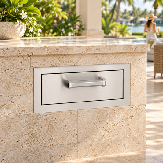 Fire Magic Flush Single Drawer in a staged outdoor kitchen