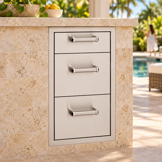 Fire Magic Triple Drawer in a staged outdoor kitchen